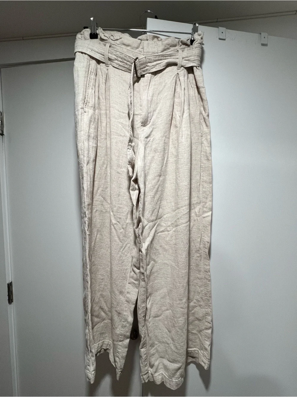 Banana Republic Cream Wide-Leg Linen-Blend Pants with Paper Bag Waist